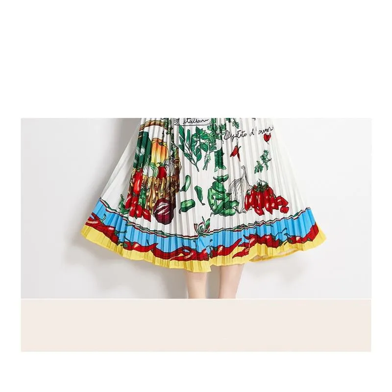 Retro Color Blocking Print Pleated Long Style Dress