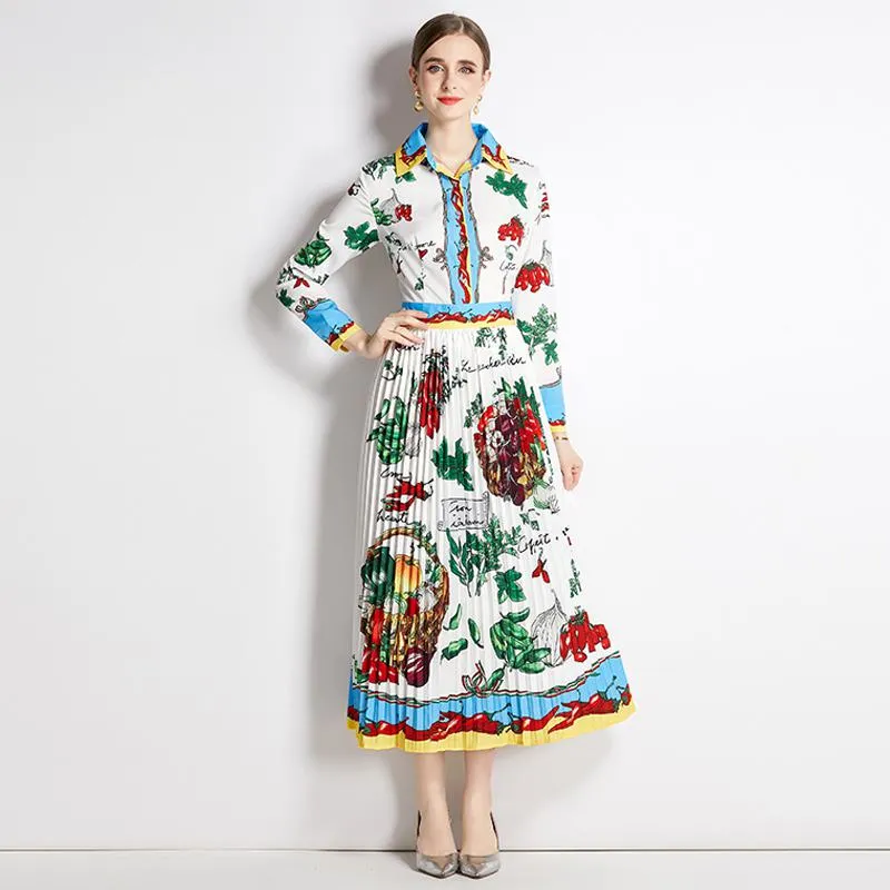 Retro Color Blocking Print Pleated Long Style Dress