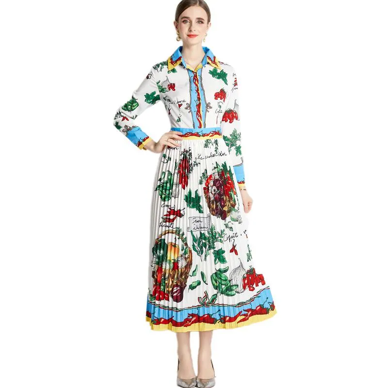 Retro Color Blocking Print Pleated Long Style Dress