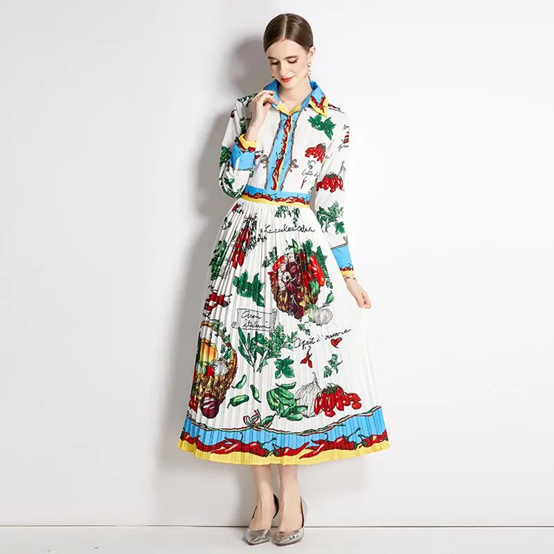 Retro Color Blocking Print Pleated Long Style Dress