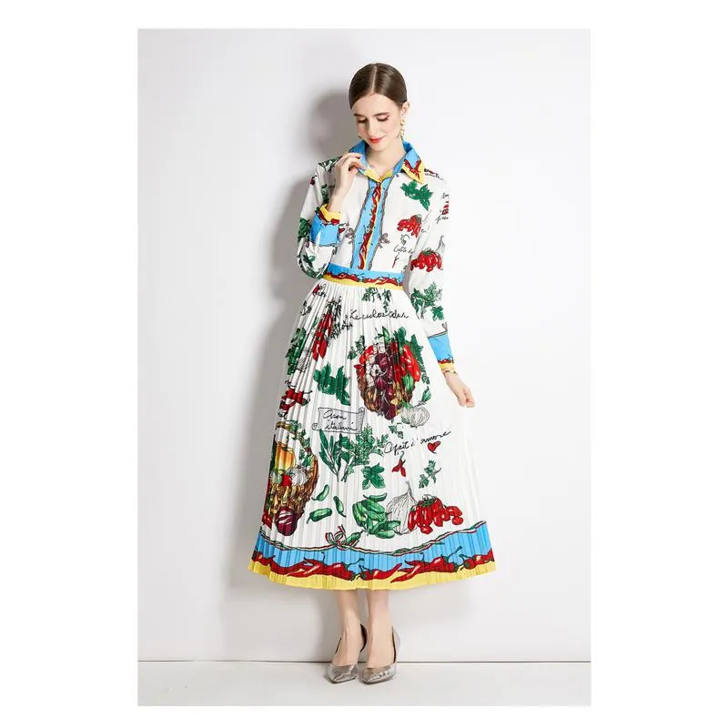 Retro Color Blocking Print Pleated Long Style Dress