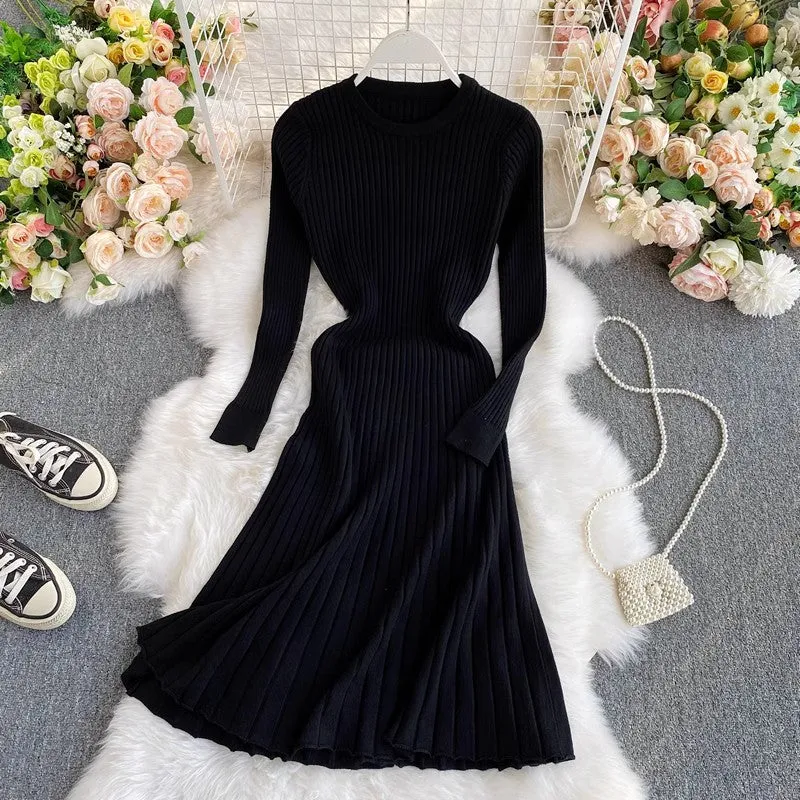 round neck knee-length knitted dress women's mid-length A-line sweater dress      S3942