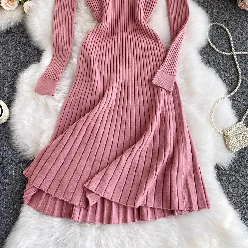 round neck knee-length knitted dress women's mid-length A-line sweater dress      S3942