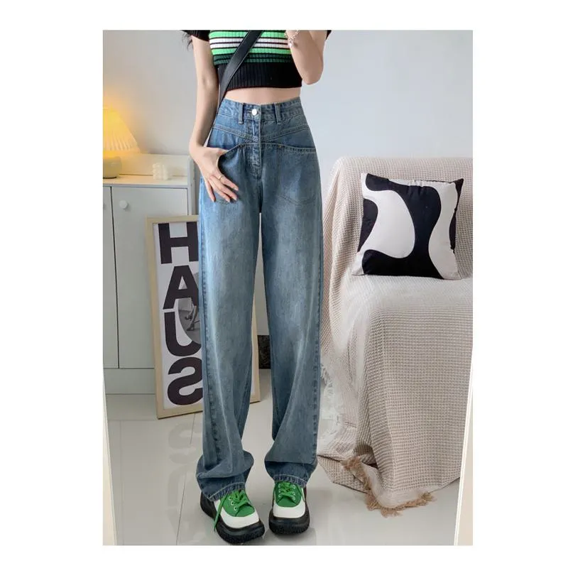 Slimming High-Waisted Lengthened Niche Floor-Length Loose Fit Draping Straight Wide-Leg Jeans