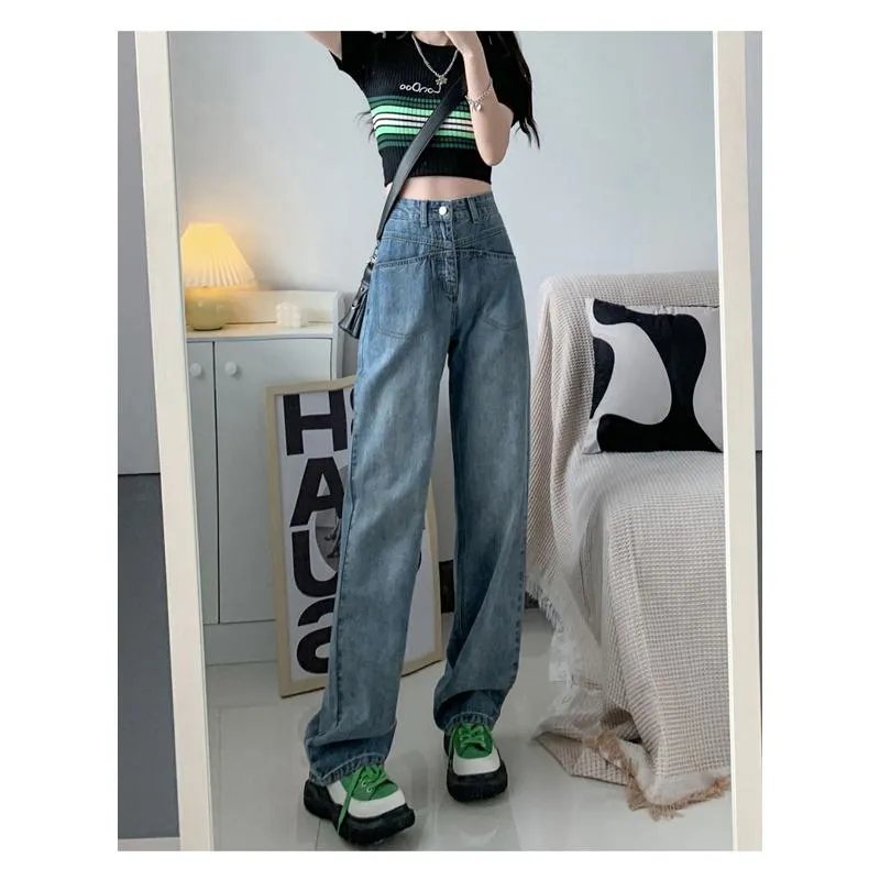 Slimming High-Waisted Lengthened Niche Floor-Length Loose Fit Draping Straight Wide-Leg Jeans