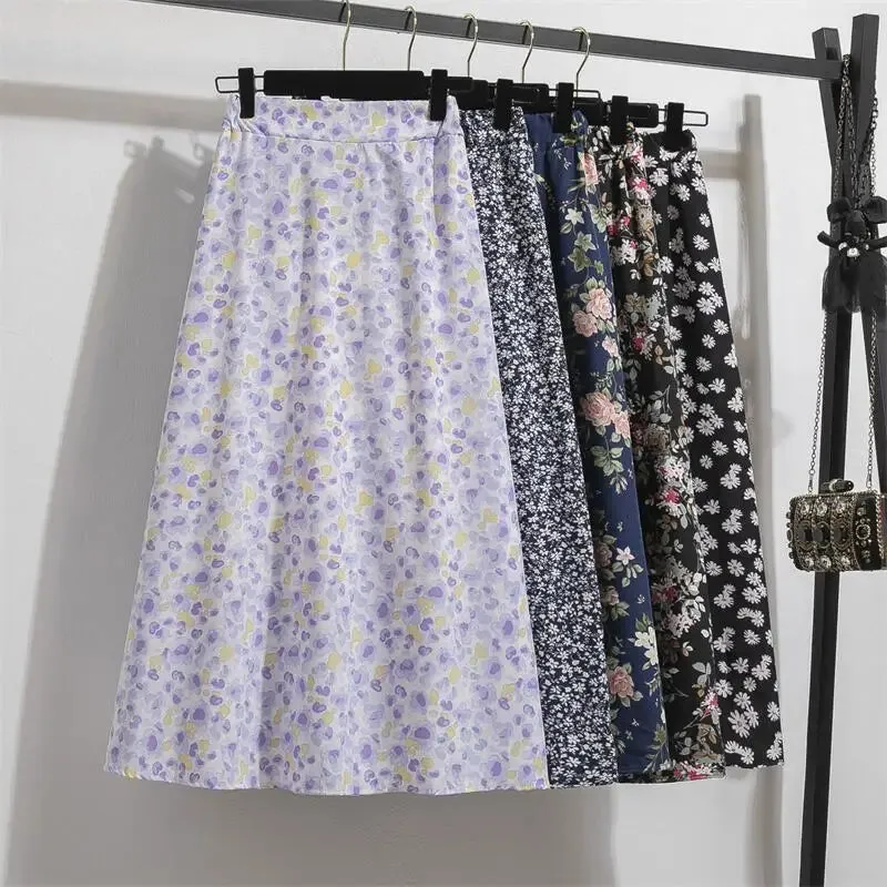 Spring Summer Chiffon Women skirts Casual Floral Printed Woman Long skirts Elastic Waist Female Loose extended Skirt