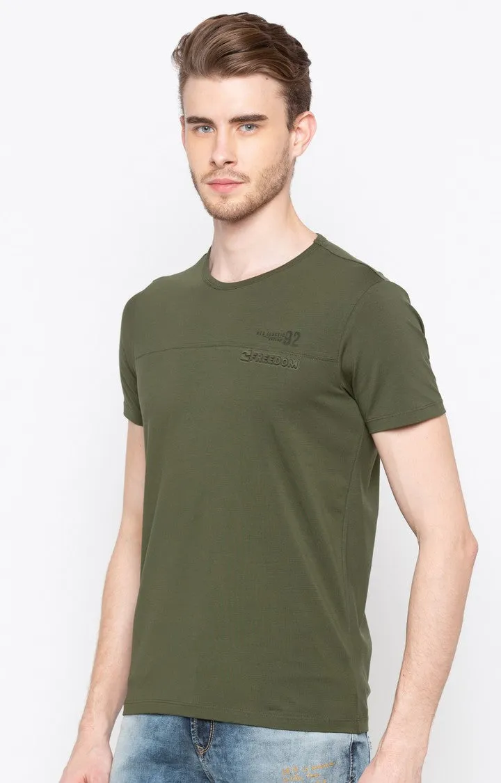 Spykar Dark Olive Solid Slim Fit Men T-Shirts