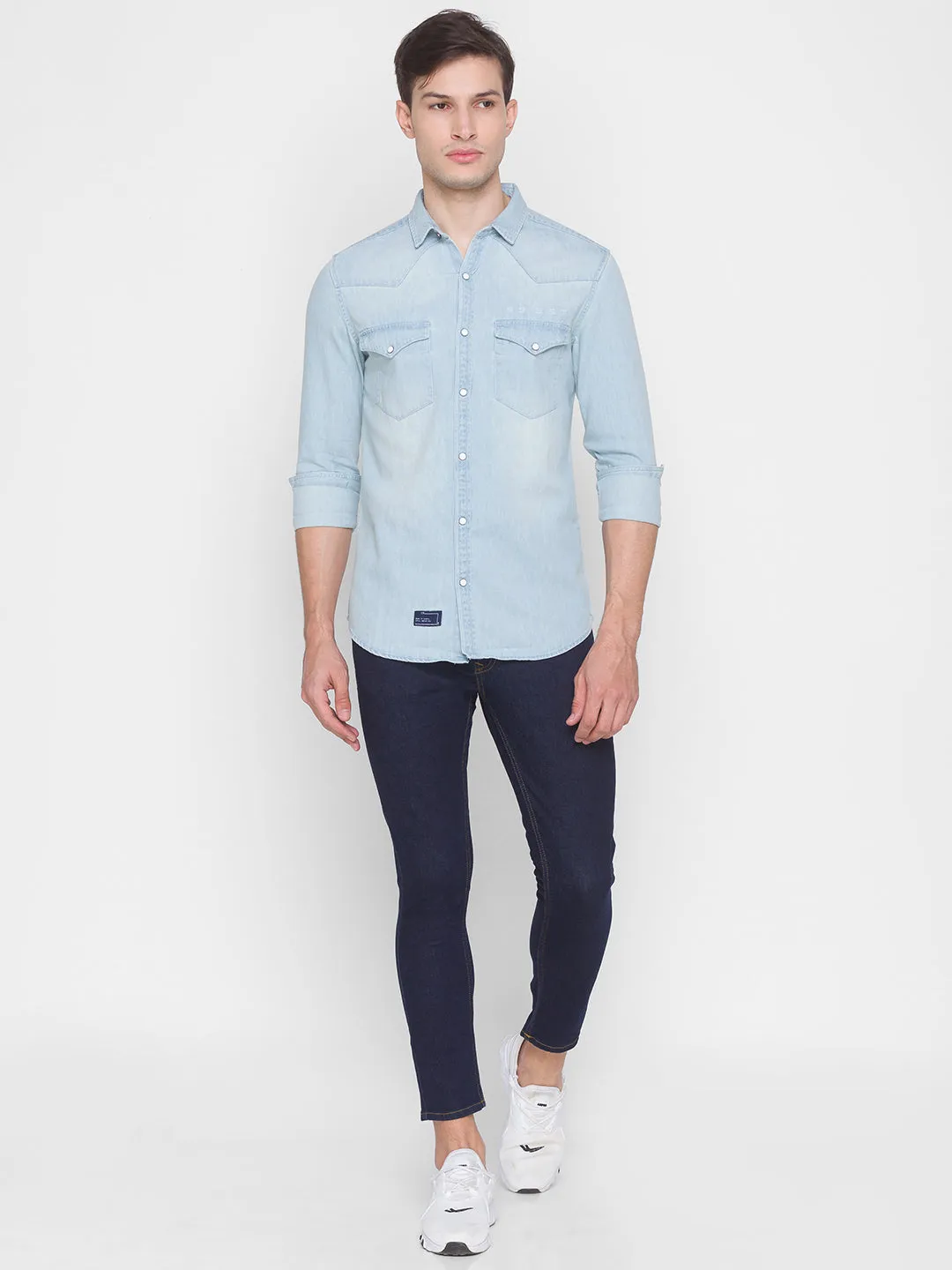 Spykar Light Blue Cotton Full Sleeve Denim Shirt For Men