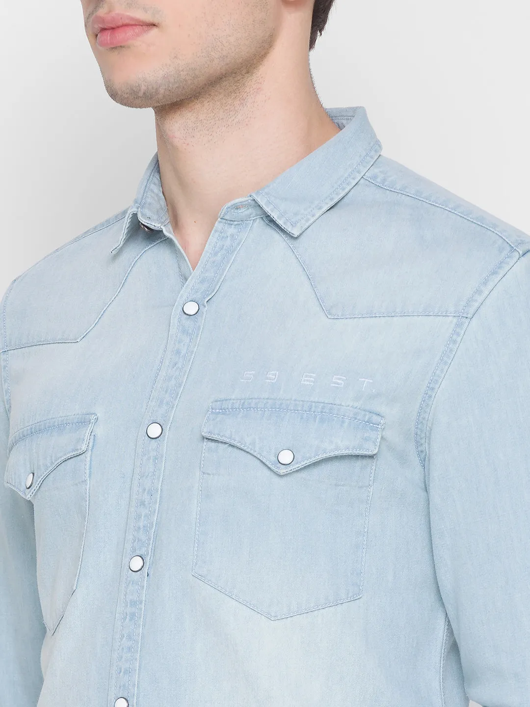 Spykar Light Blue Cotton Full Sleeve Denim Shirt For Men