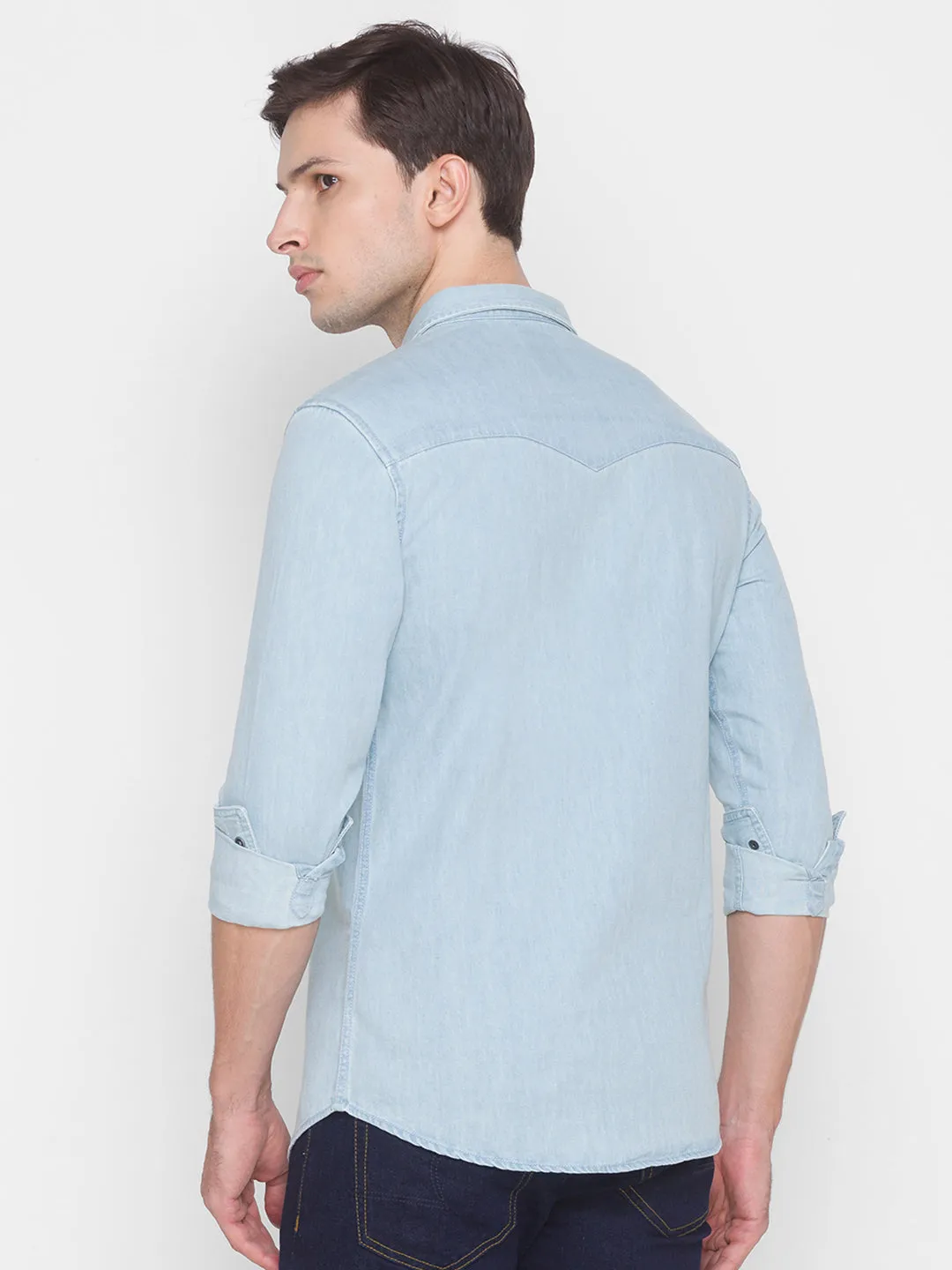 Spykar Light Blue Cotton Full Sleeve Denim Shirt For Men