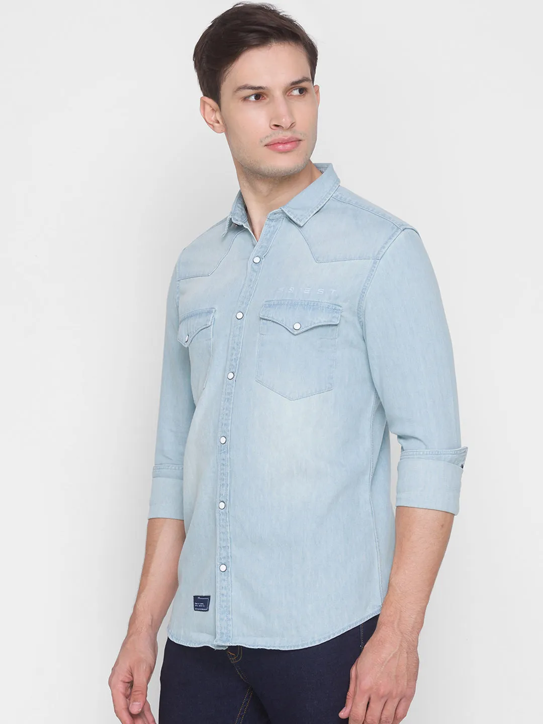 Spykar Light Blue Cotton Full Sleeve Denim Shirt For Men