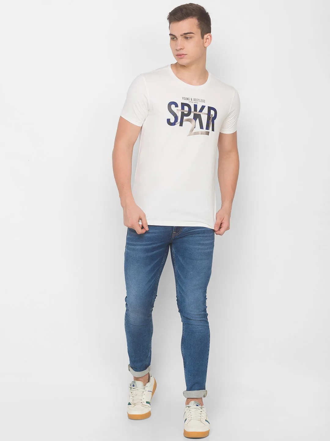 Spykar Men Beige Cotton Slim Fit Round Neck T-Shirt