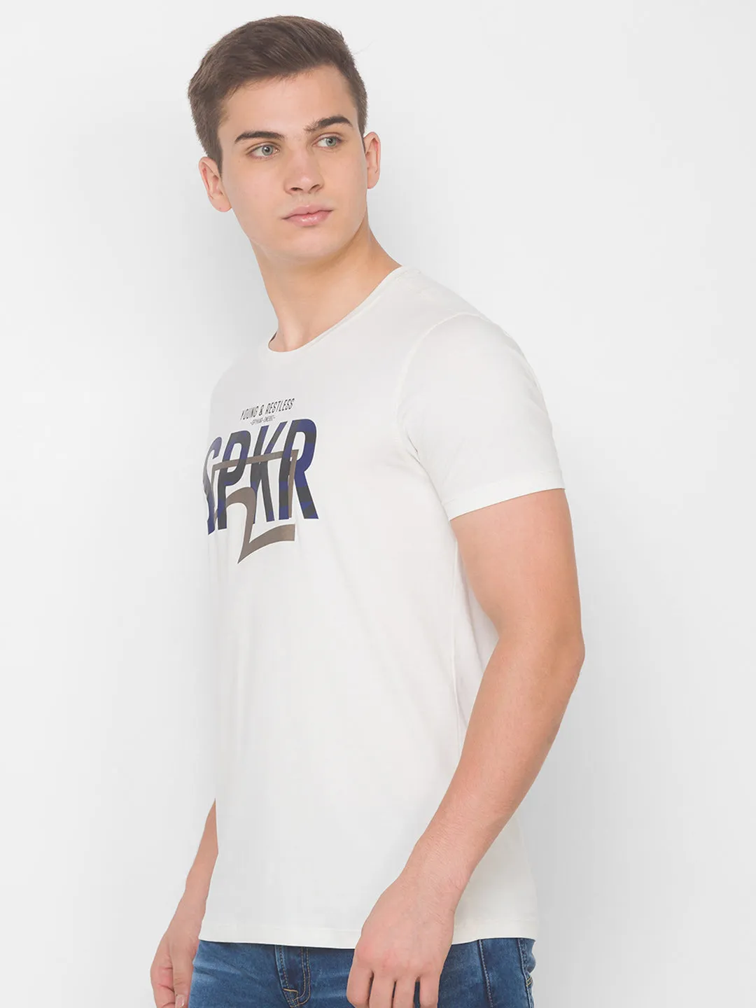 Spykar Men Beige Cotton Slim Fit Round Neck T-Shirt