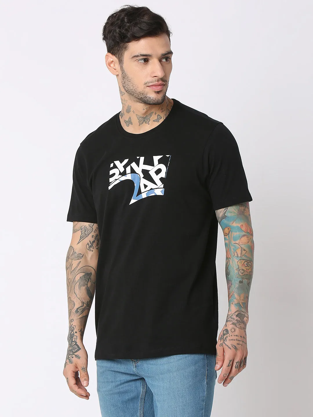 Spykar Men Black Cotton Regular Fit Round Neck Printed T-Shirt