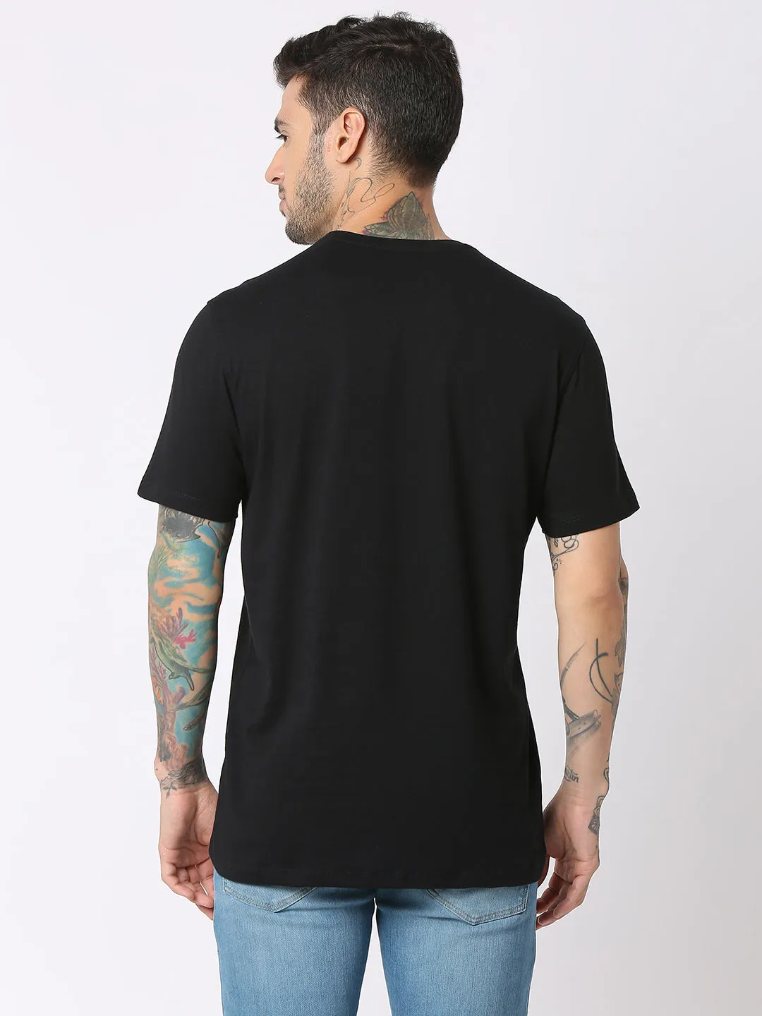 Spykar Men Black Cotton Regular Fit Round Neck Printed T-Shirt