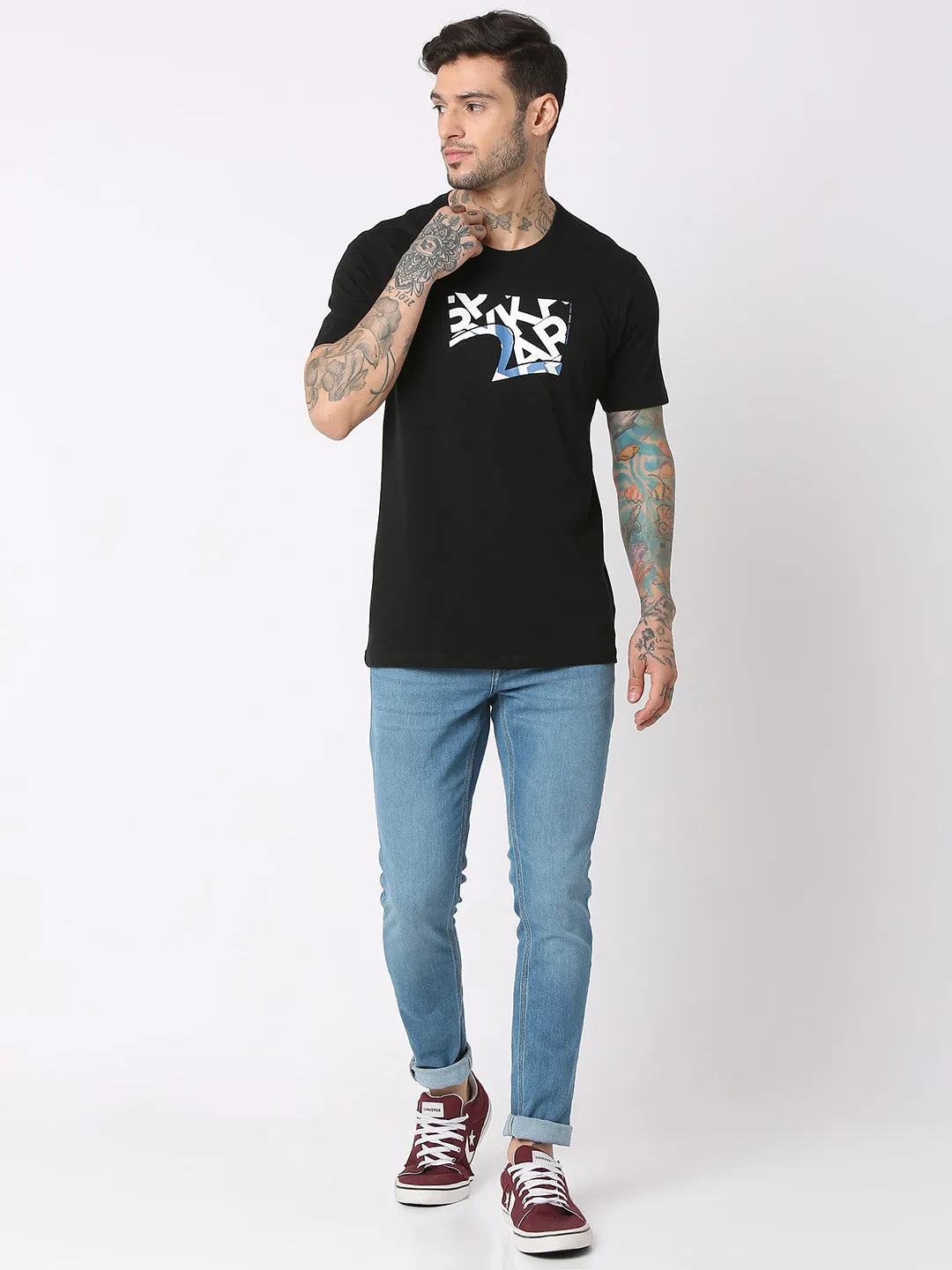 Spykar Men Black Cotton Regular Fit Round Neck Printed T-Shirt