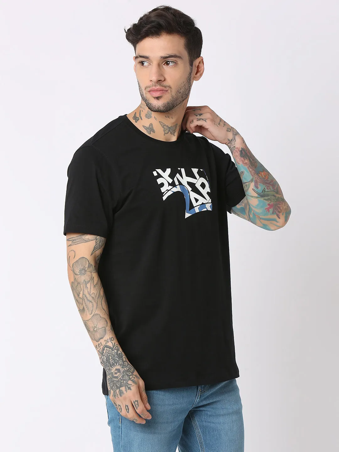 Spykar Men Black Cotton Regular Fit Round Neck Printed T-Shirt