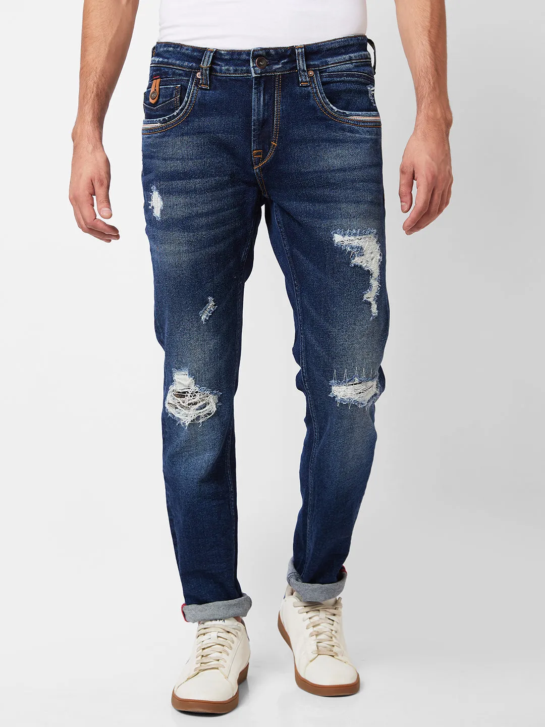 Spykar Men Blue Cotton Mid Rise Jeans