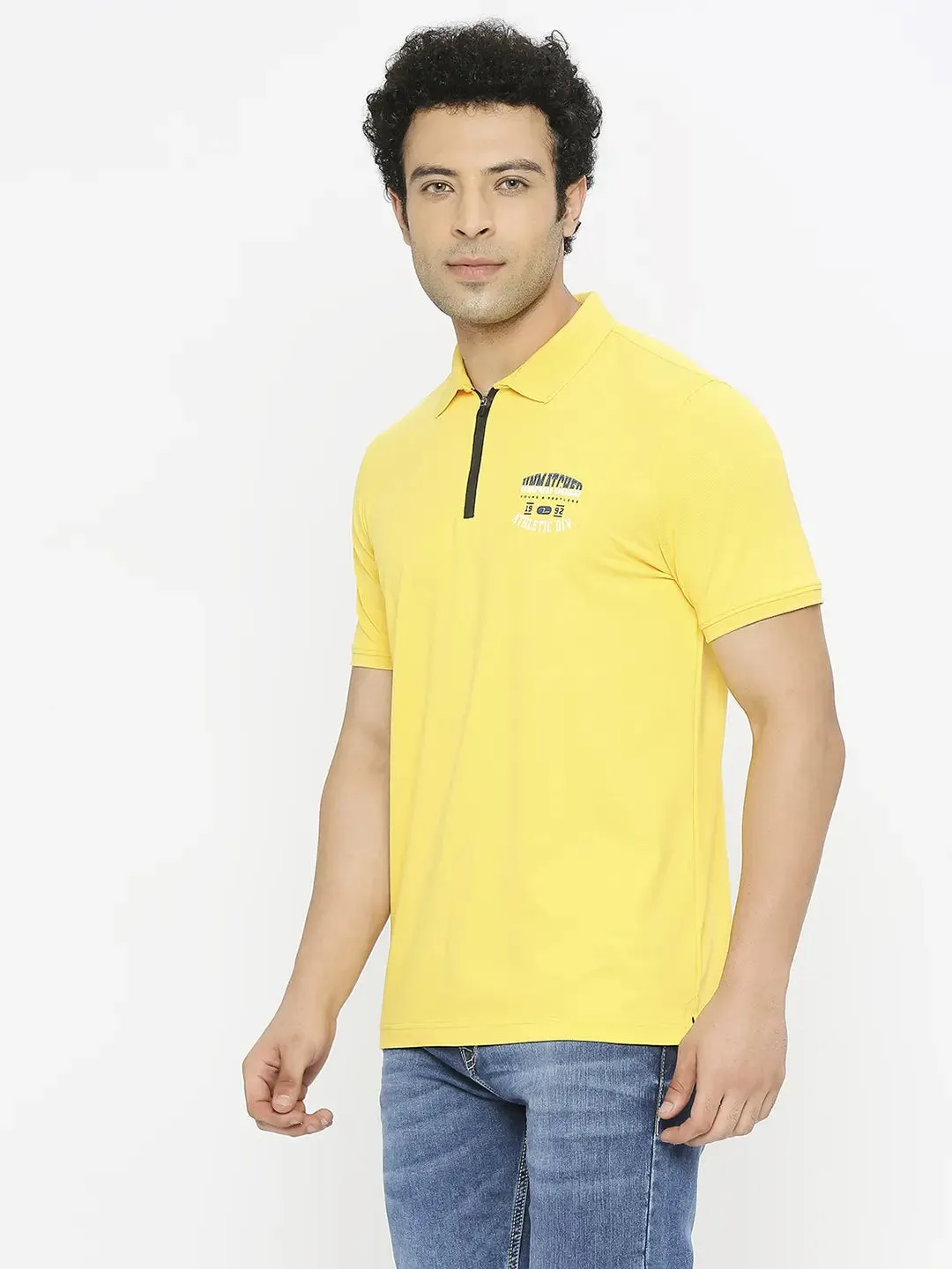 Spykar Men Chrome Yellow Blended Regular Fit Half Sleeve Plain Polo Tshirt