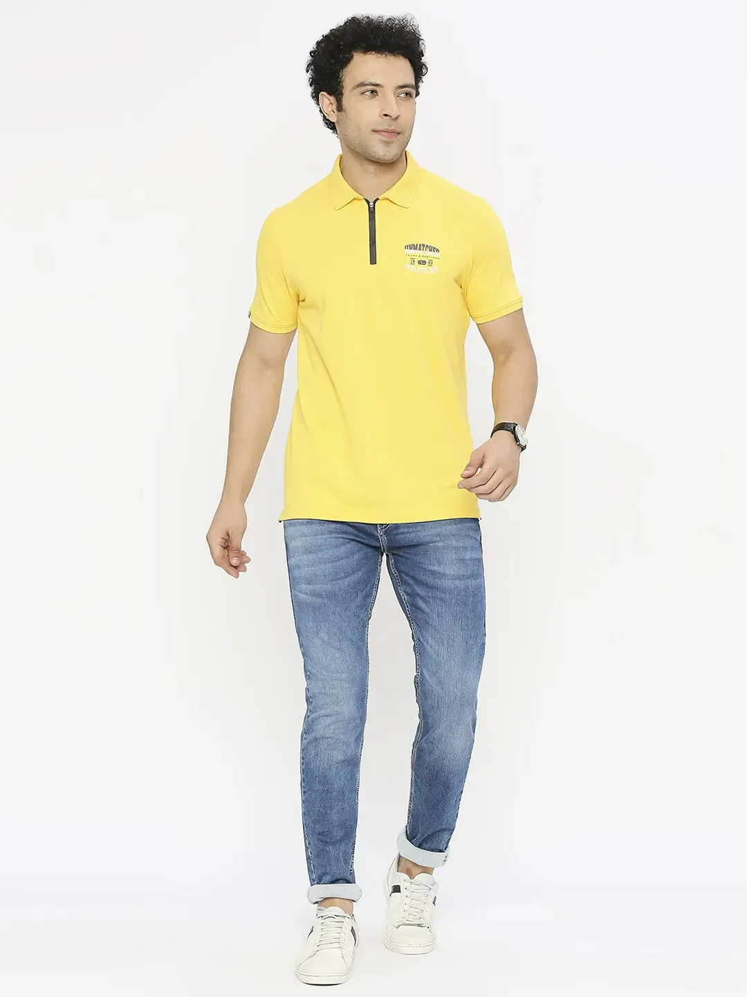 Spykar Men Chrome Yellow Blended Regular Fit Half Sleeve Plain Polo Tshirt