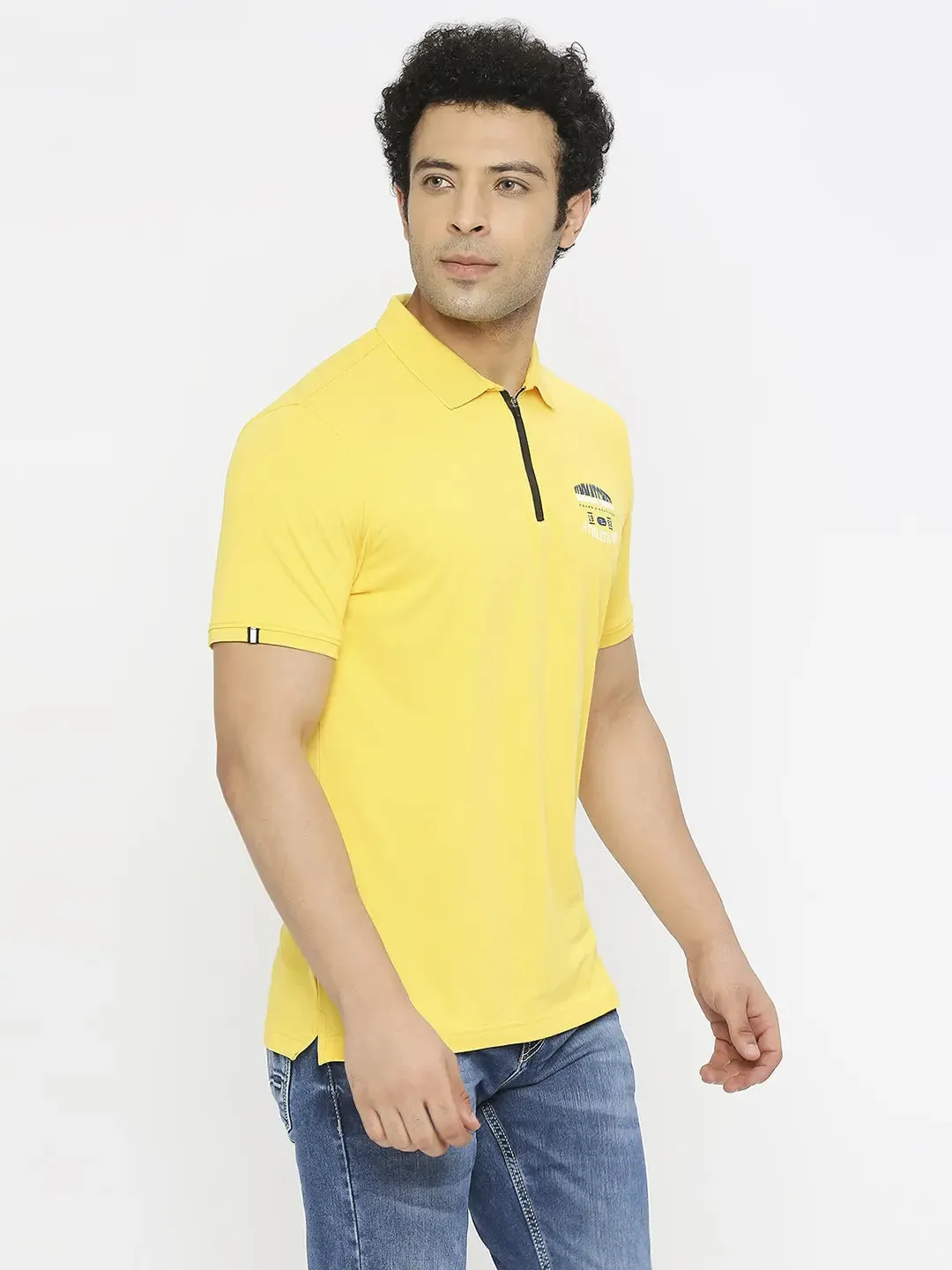 Spykar Men Chrome Yellow Blended Regular Fit Half Sleeve Plain Polo Tshirt