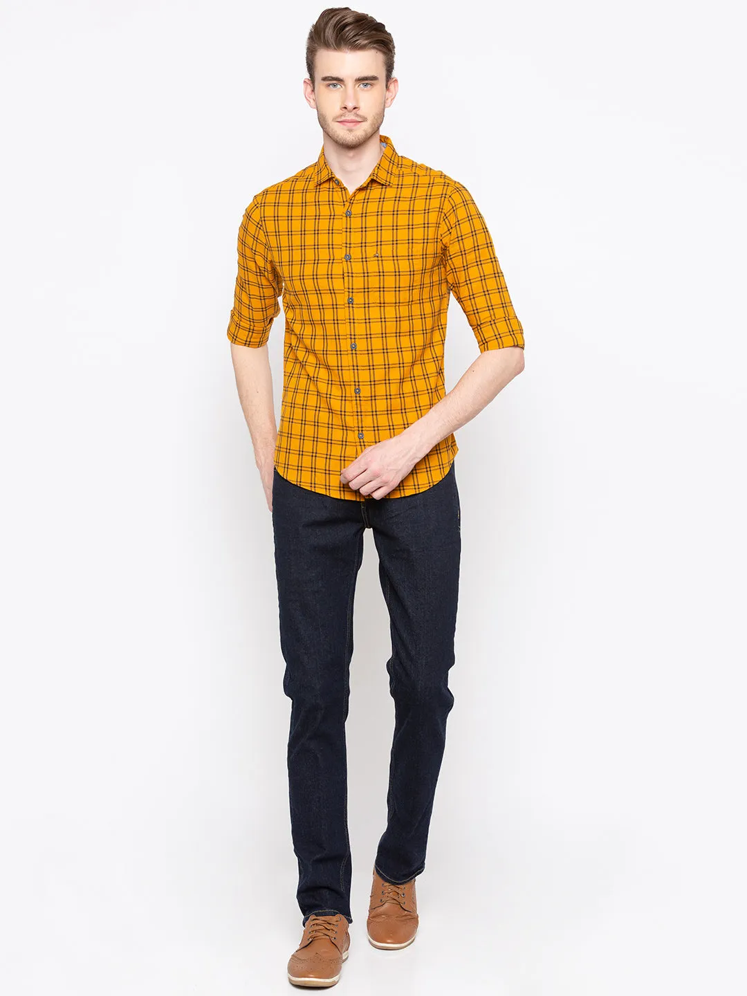 Spykar Men Mustard Checked Slim Fit Casual Shirt