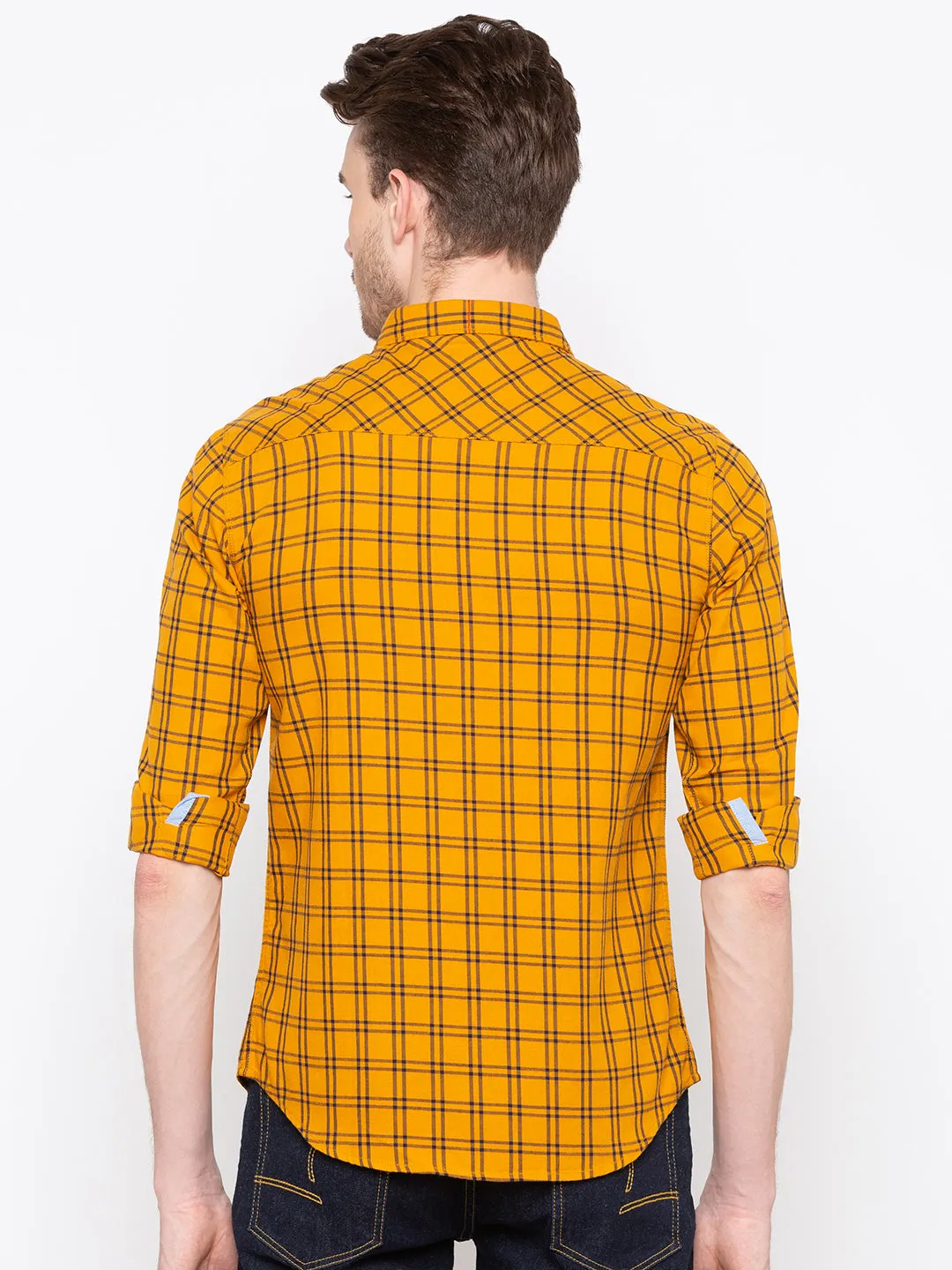 Spykar Men Mustard Checked Slim Fit Casual Shirt