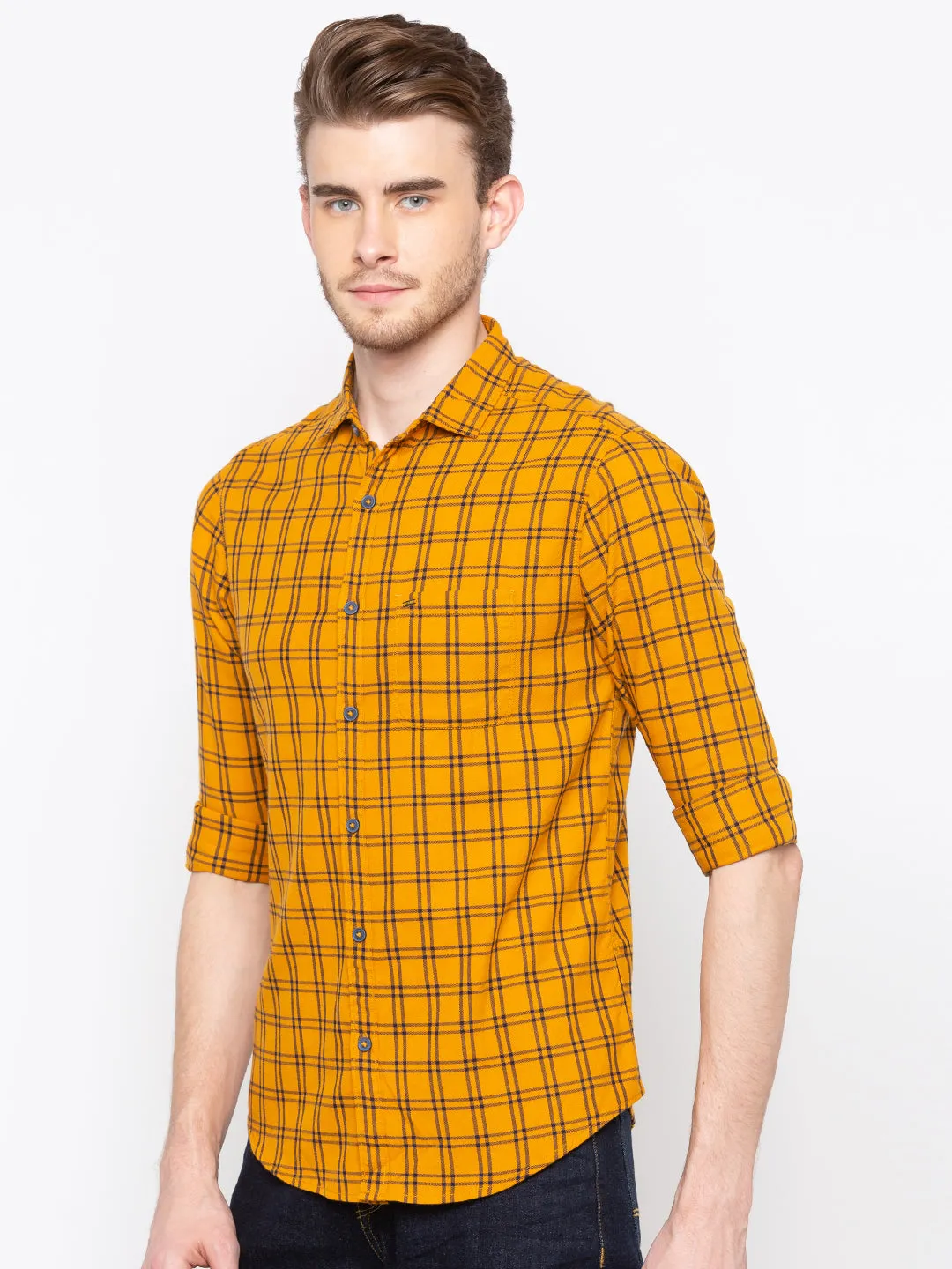 Spykar Men Mustard Checked Slim Fit Casual Shirt