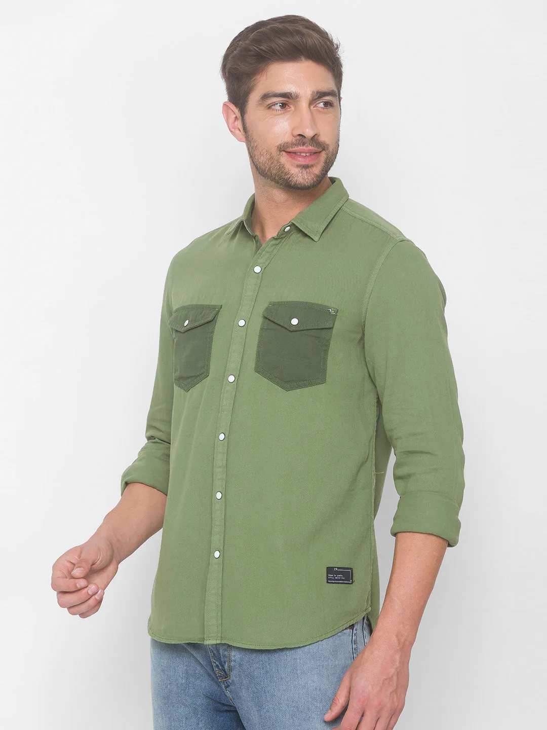 Spykar Men Olive Cotton Shirts (Slim)