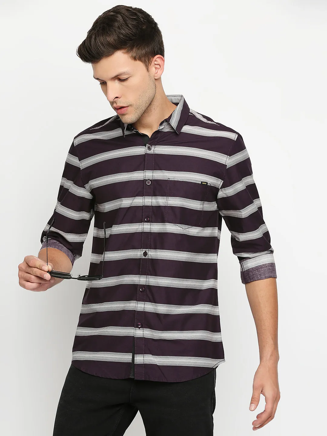 Spykar Men Red Slim Fit Full Sleeve Striped Shirt