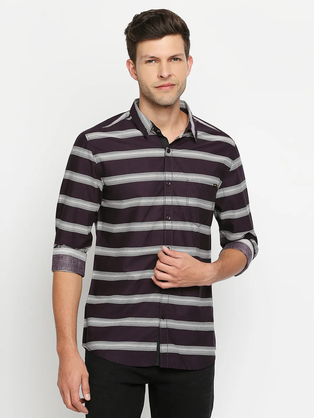 Spykar Men Red Slim Fit Full Sleeve Striped Shirt