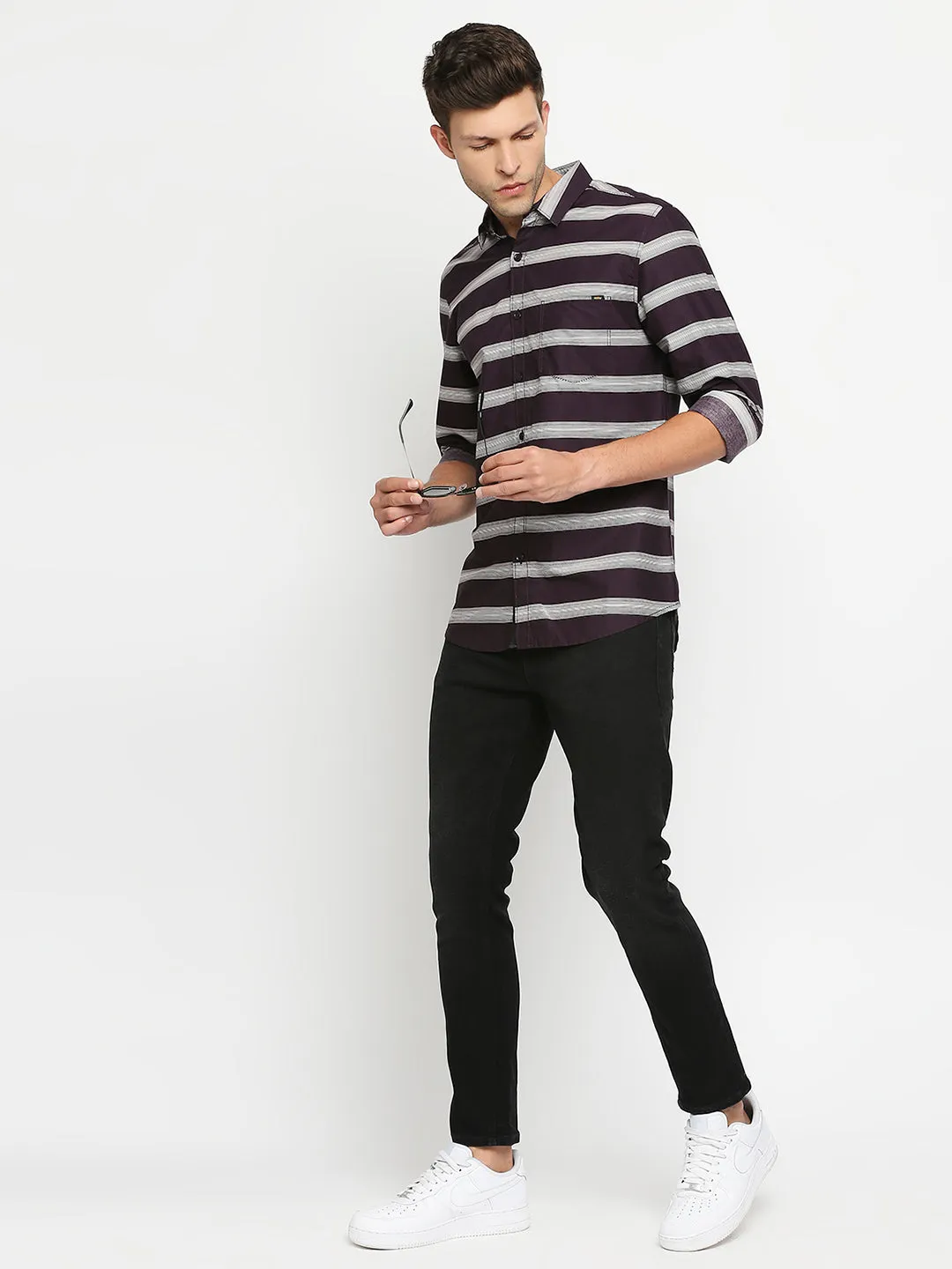 Spykar Men Red Slim Fit Full Sleeve Striped Shirt