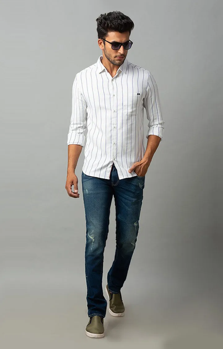 Spykar Men White Cotton Striped Casual Shirts