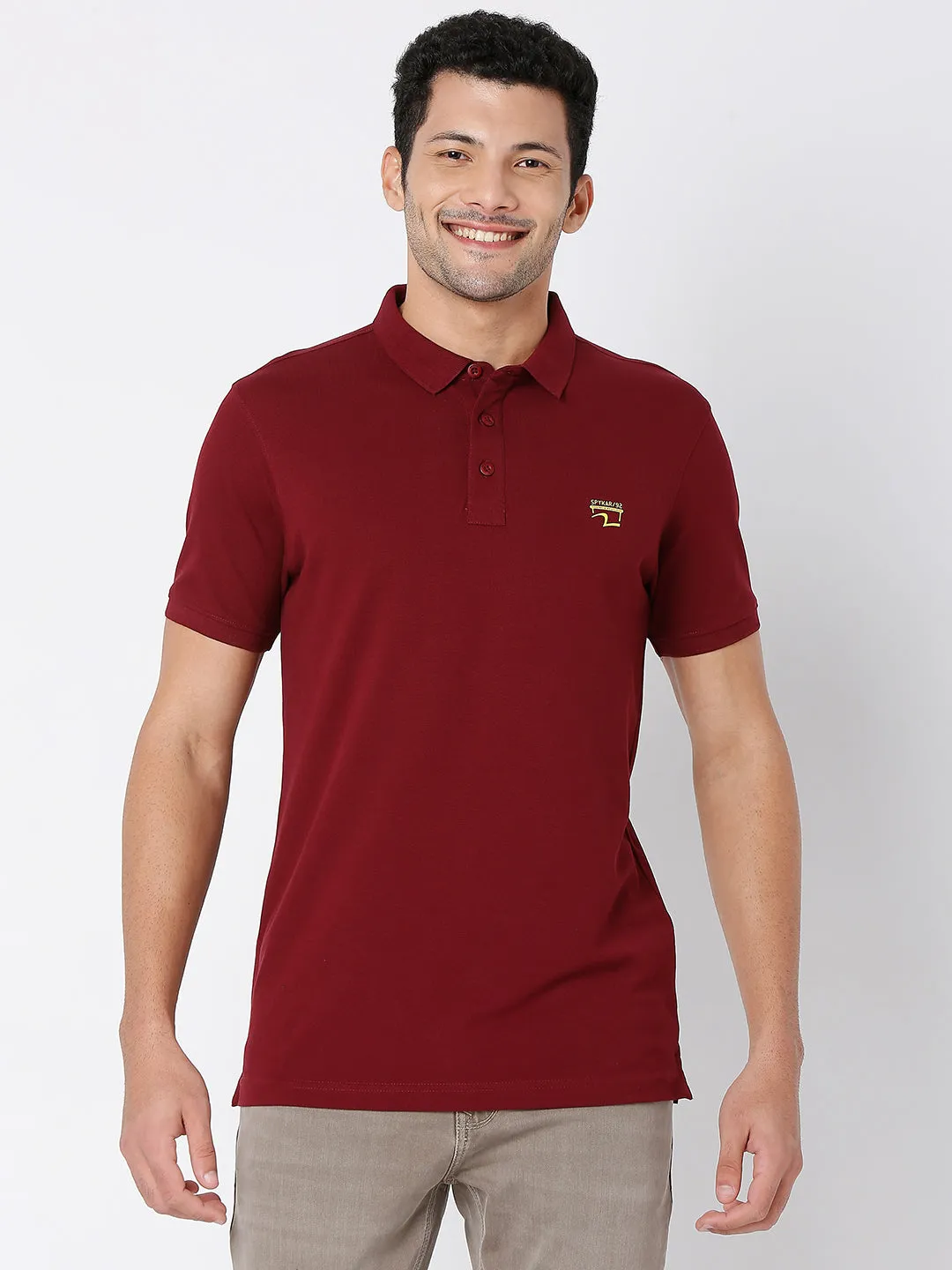 Spykar Men Wine Cotton Half Sleeve Plain Casual Polo T-Shirt