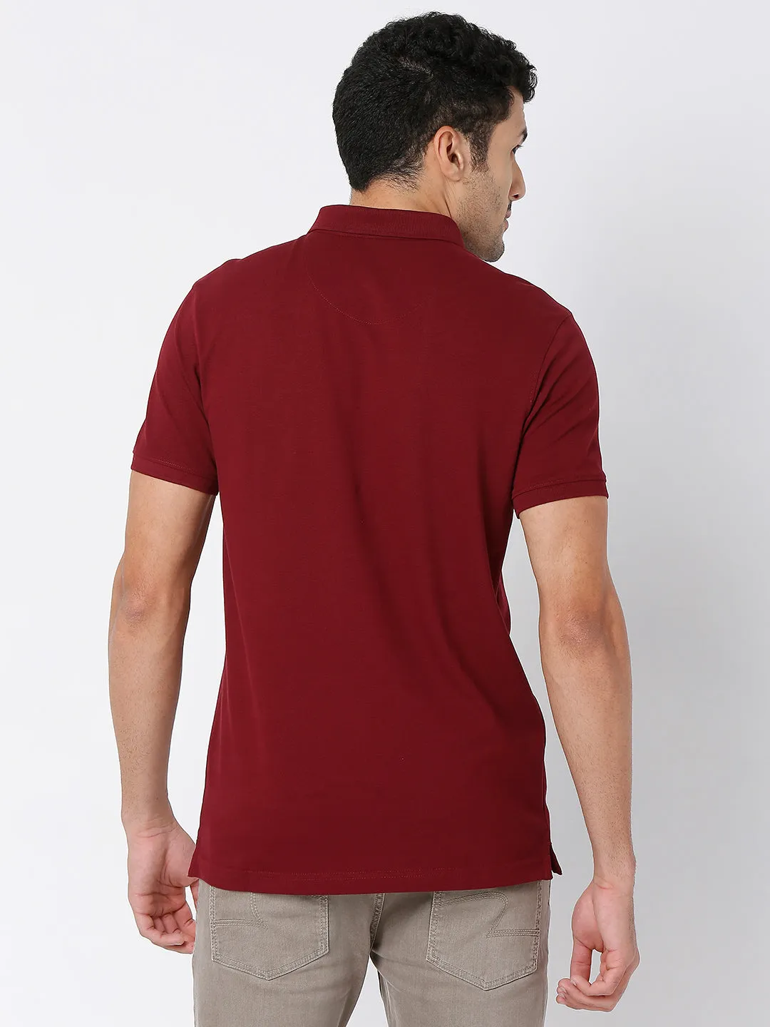 Spykar Men Wine Cotton Half Sleeve Plain Casual Polo T-Shirt