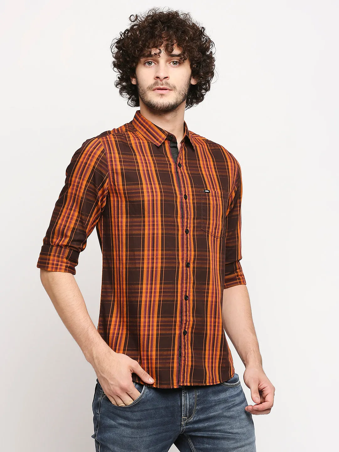 Spykar Men Wine Red Cotton Slim Fit Shirt