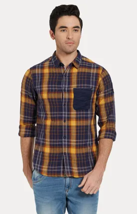 Spykar Men Yellow & Navy Checked Slim Fit Casual Shirt