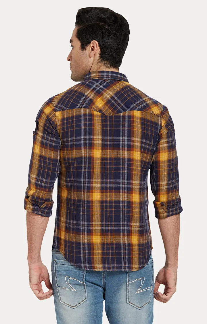 Spykar Men Yellow & Navy Checked Slim Fit Casual Shirt