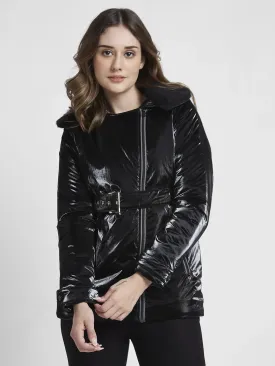 Spykar Women Black Regular Fit High Neck Plain Jacket