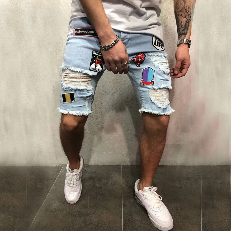 Summer New Men's Stretch Short Jeans Fashion Casual Slim Fit High Quality Elastic Badge Broken Hole Denim Shorts Male