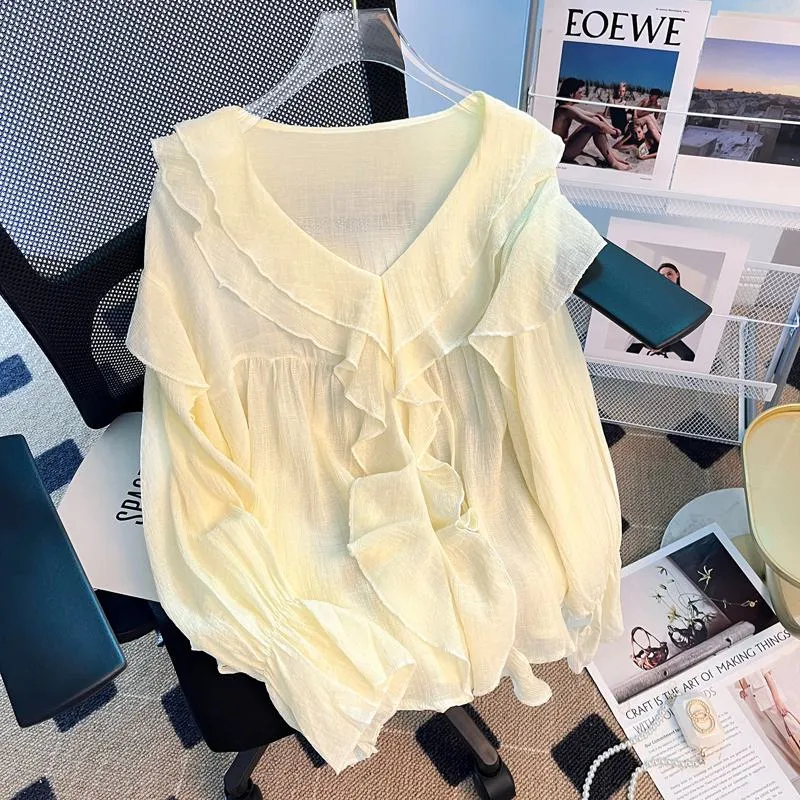 Thin Bubble Sleeve Top Sun Protection Chiffon Ruffle Trim Blouse