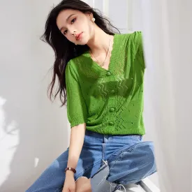 Thin Persea Knitted V-Neck Hollowed-Out Blouse