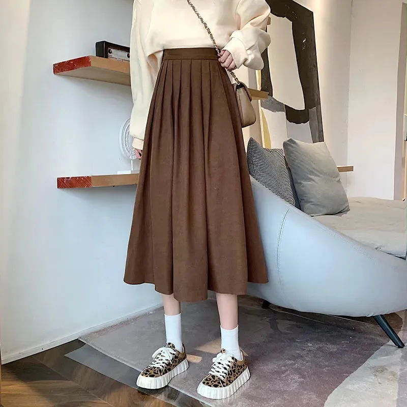 Toleet-Preppy Style Pleated Skirt for Women Autumn Winter High Waist Long Skirts Woman Korean Solid Color A Line Skirts Female