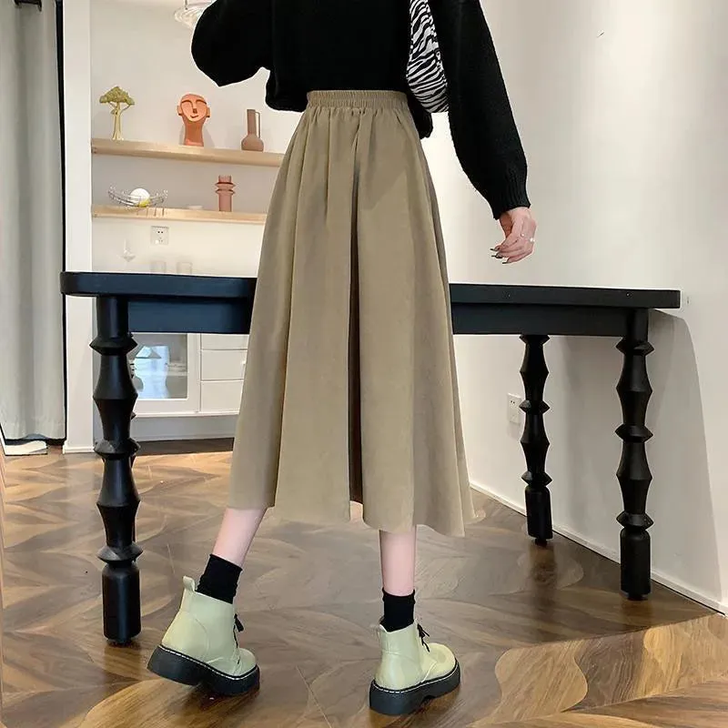 Toleet-Preppy Style Pleated Skirt for Women Autumn Winter High Waist Long Skirts Woman Korean Solid Color A Line Skirts Female