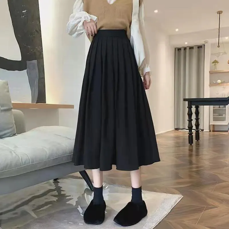 Toleet-Preppy Style Pleated Skirt for Women Autumn Winter High Waist Long Skirts Woman Korean Solid Color A Line Skirts Female