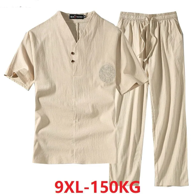 Wiaofellas Men's Clothing Large Size Tracksuit Husband Summer Suit Linen t-shirt Fashion Male Set Chinese Style 8XL 9XL plus Two Piece