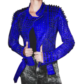 Women blue studded leather jacket,Stylish Jacket