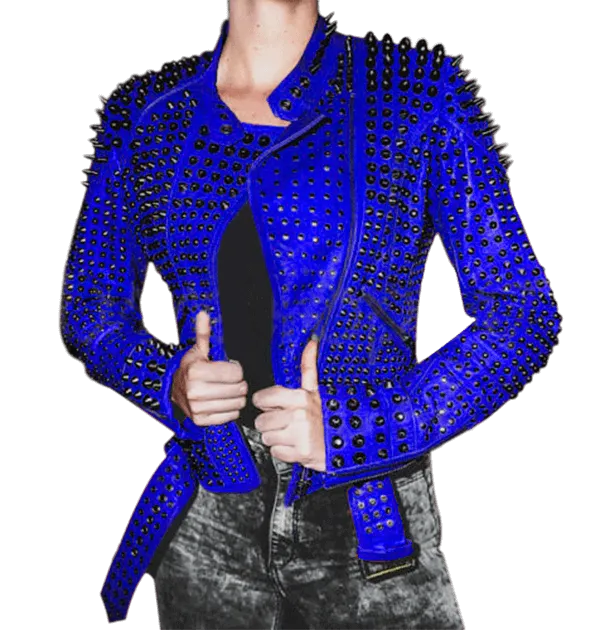 Women blue studded leather jacket,Stylish Jacket