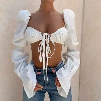 Women Long Puff Sleeve Vintage  Ruched Blouses