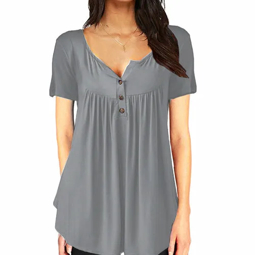 Womens Casual short Sleeve Tunic Neck Button Side Blouses Tops